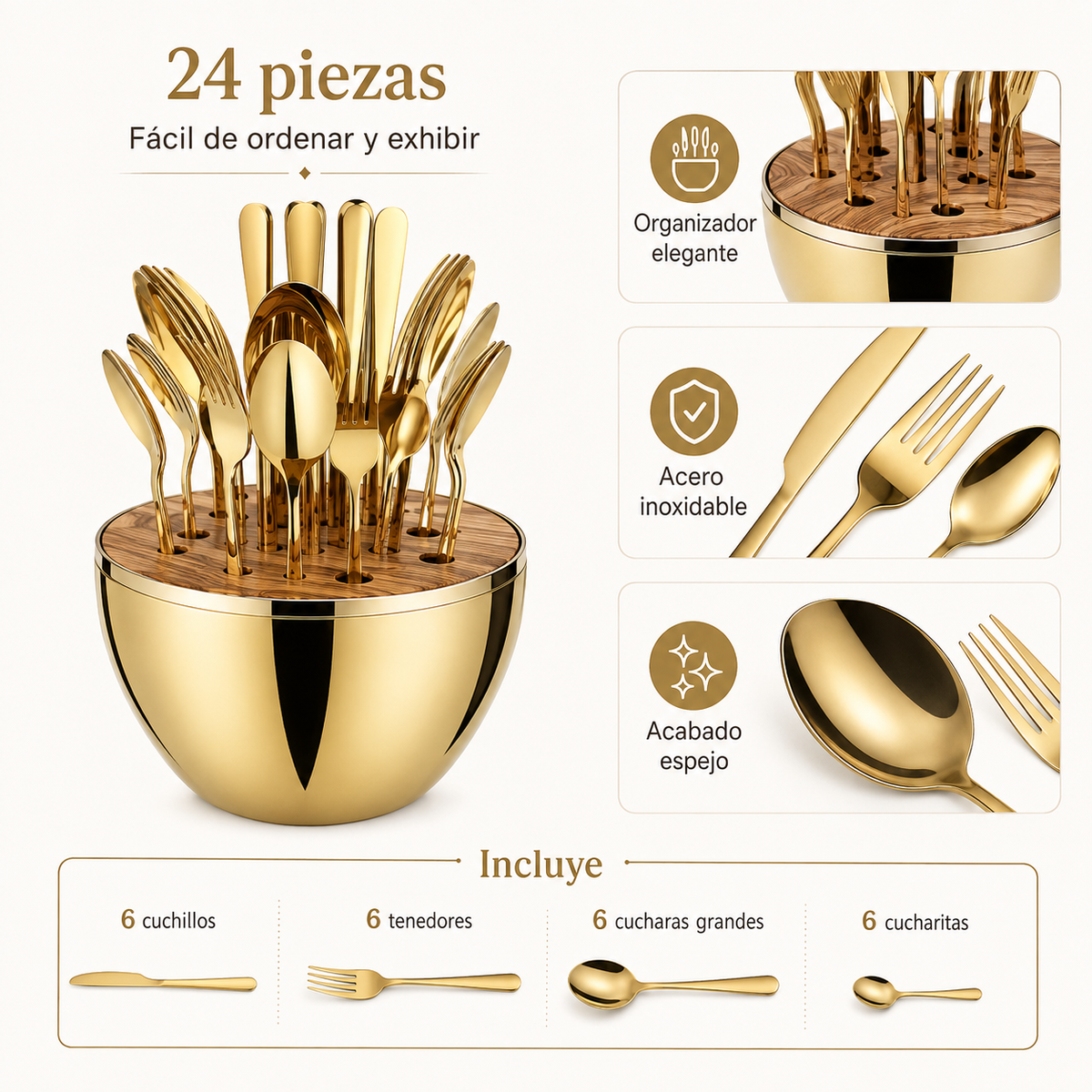 24 Cubiertos Acero Inoxidable Oro Huevo