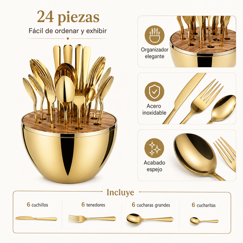 24 Cubiertos Acero Inoxidable Oro Huevo