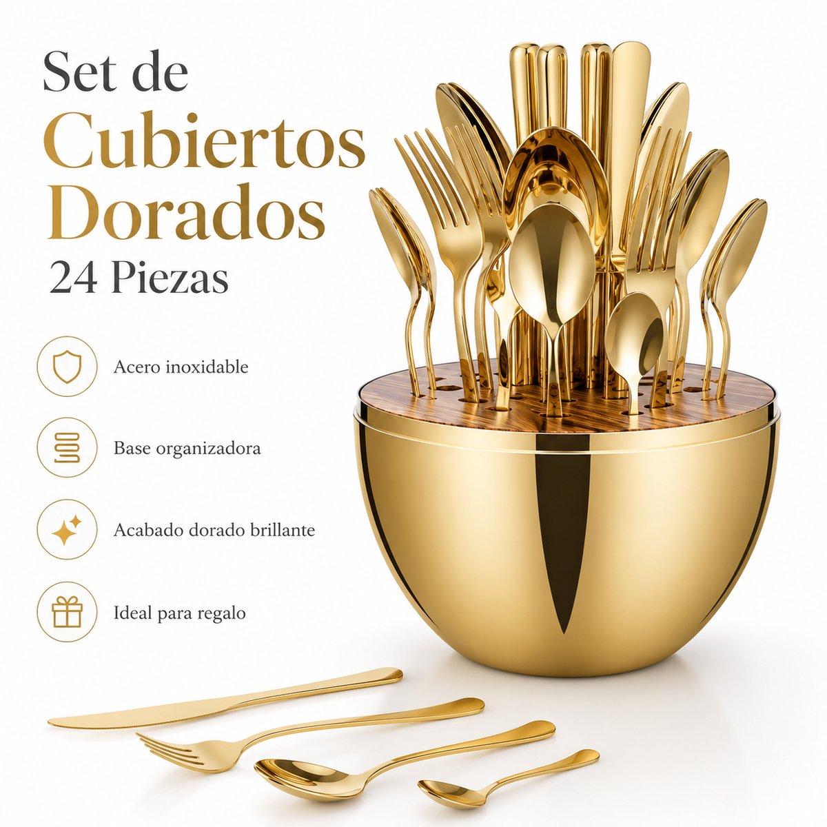 24 Cubiertos Acero Inoxidable Oro Huevo